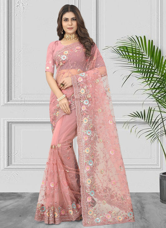 Classic Net Pink Embroidered Saree