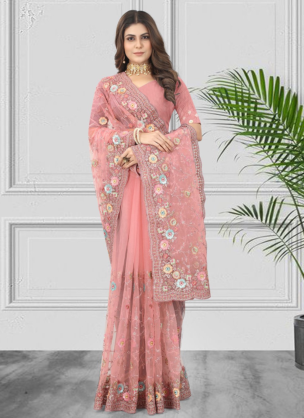 Classic Net Pink Embroidered Saree