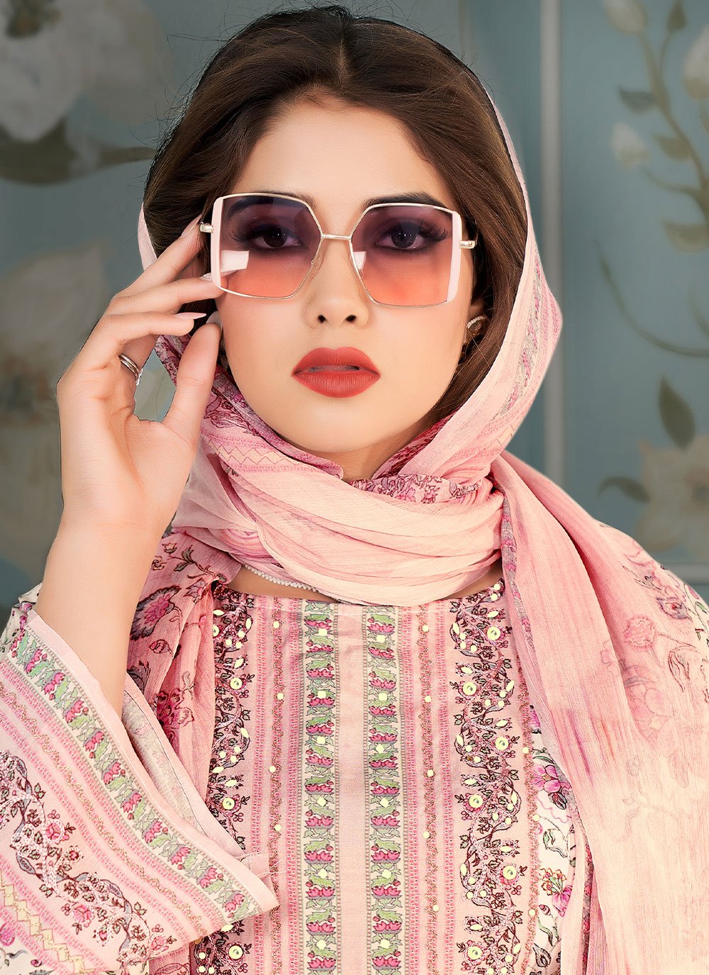 Straight Salwar Suit Muslin Pink Floral Patch Salwar Kameez