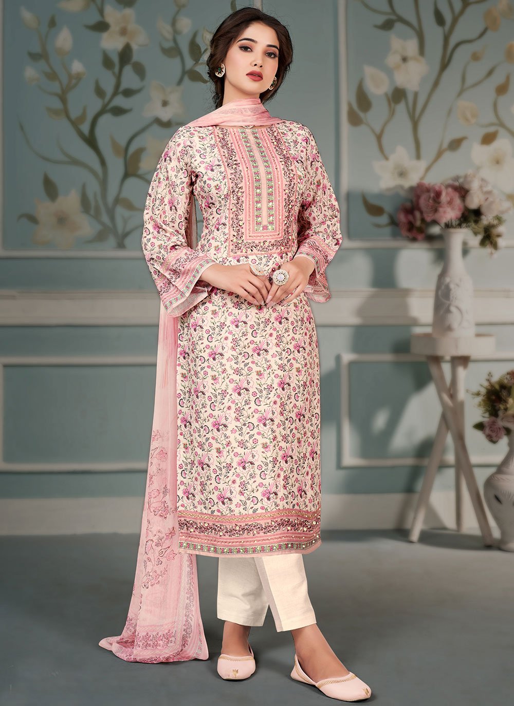 Straight Salwar Suit Muslin Pink Floral Patch Salwar Kameez