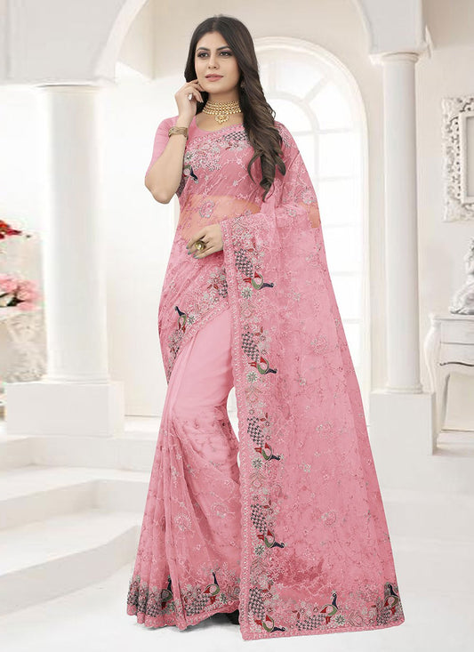 Trendy Saree Net Pink Embroidered Saree