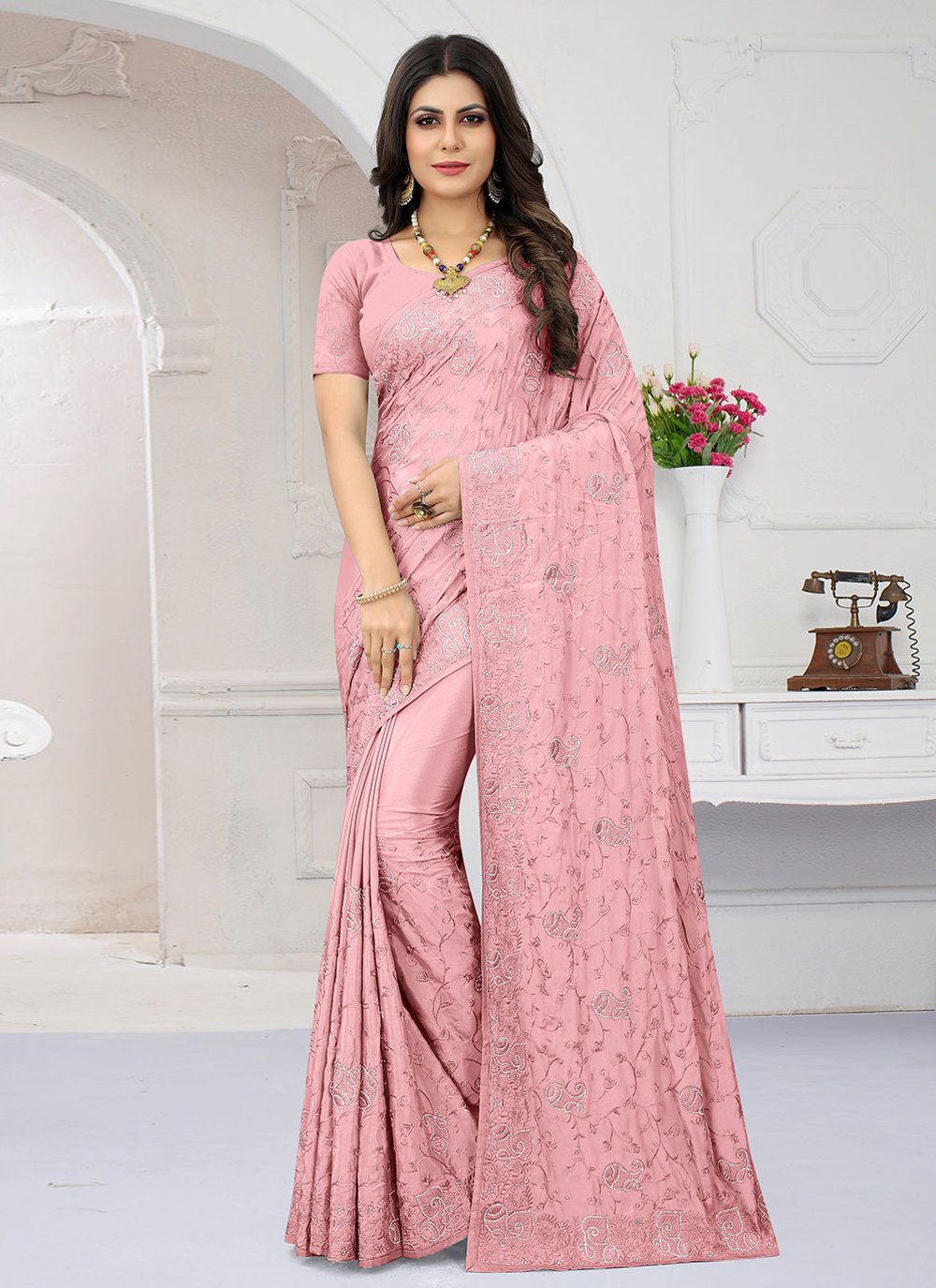 Trendy Saree Crepe Silk Pink Embroidered Saree