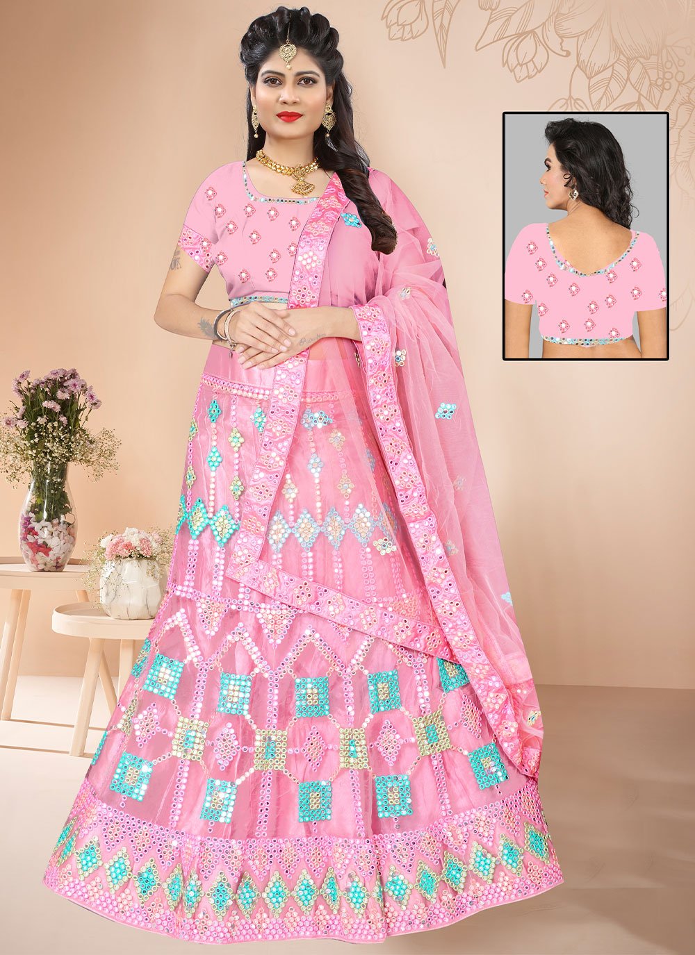 A Line Lehenga Net Pink Mirror Lehenga Choli