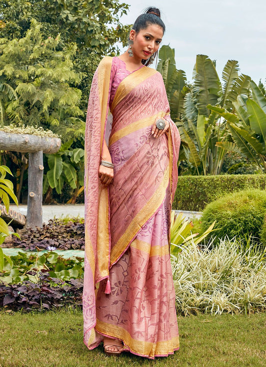 Contemporary Brasso Pink Fancy Work Saree