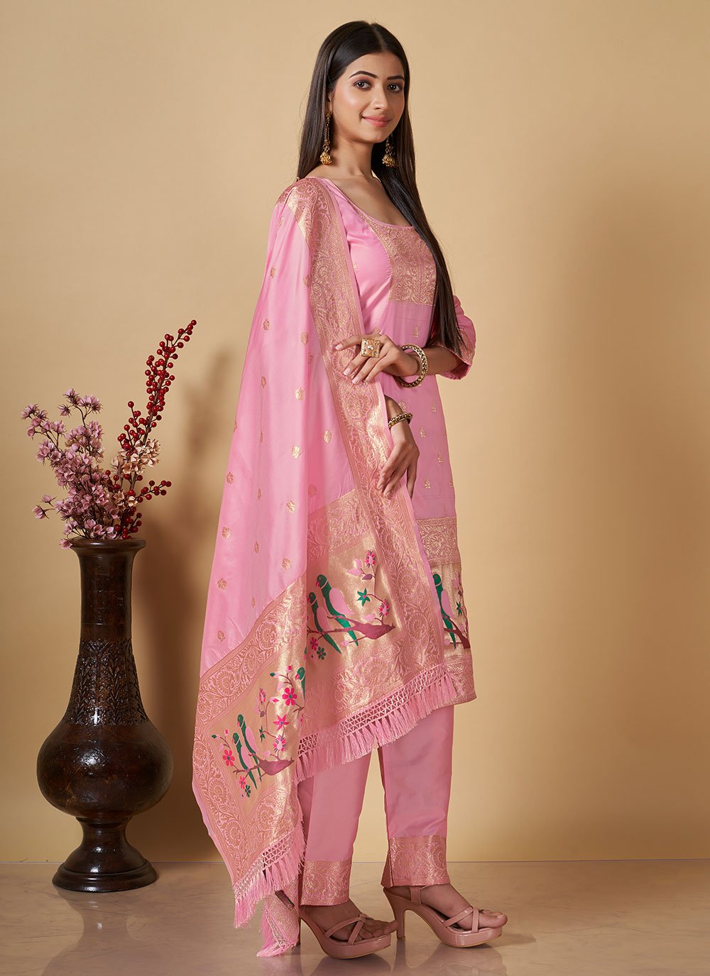 Salwar Suit Banarasi Silk Pink Woven Salwar Kameez