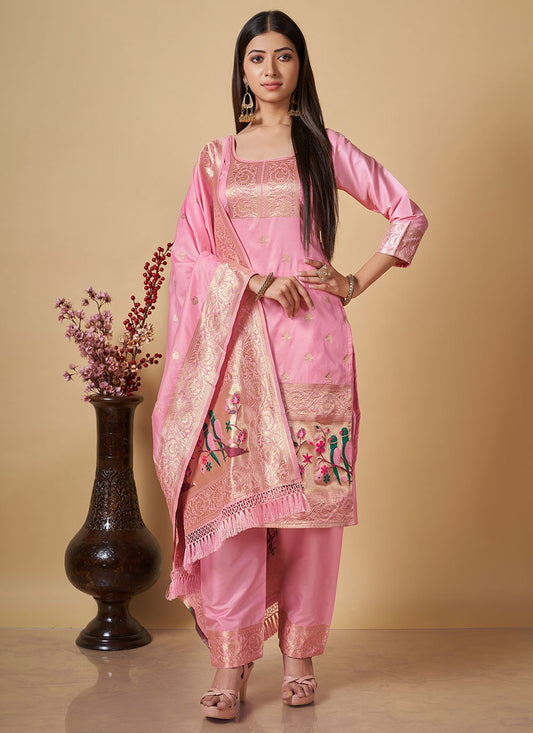Salwar Suit Banarasi Silk Pink Woven Salwar Kameez