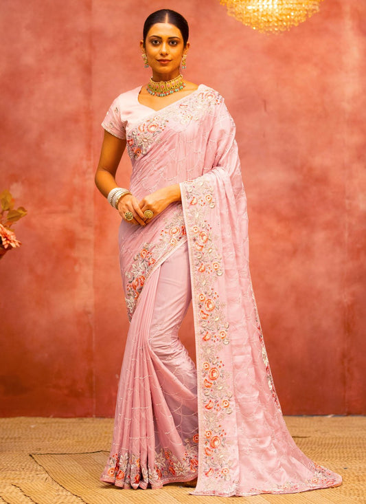 Designer Organza Silk Pink Diamond Saree