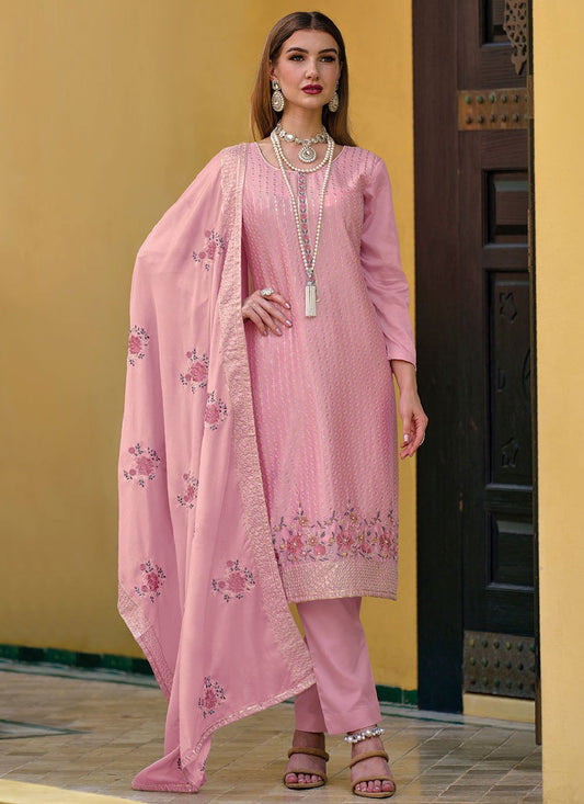 Pakistani Salwar Suit Chinon Pink Embroidered Salwar Kameez