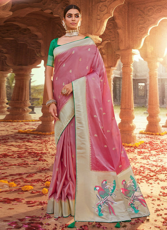 Traditional Saree Satin Silk Pink Weaving Saree