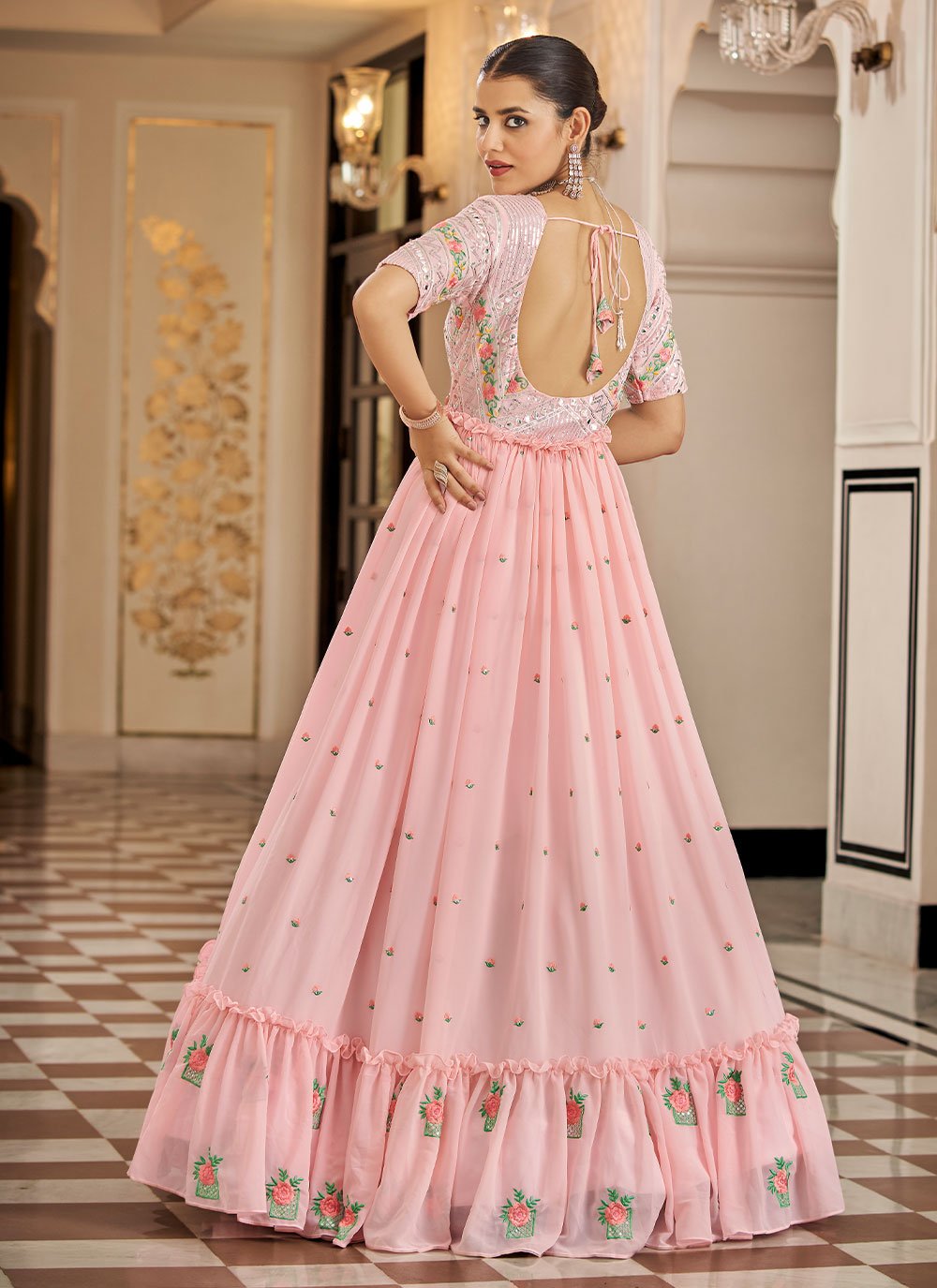 Gown Georgette Pink Embroidered Gown