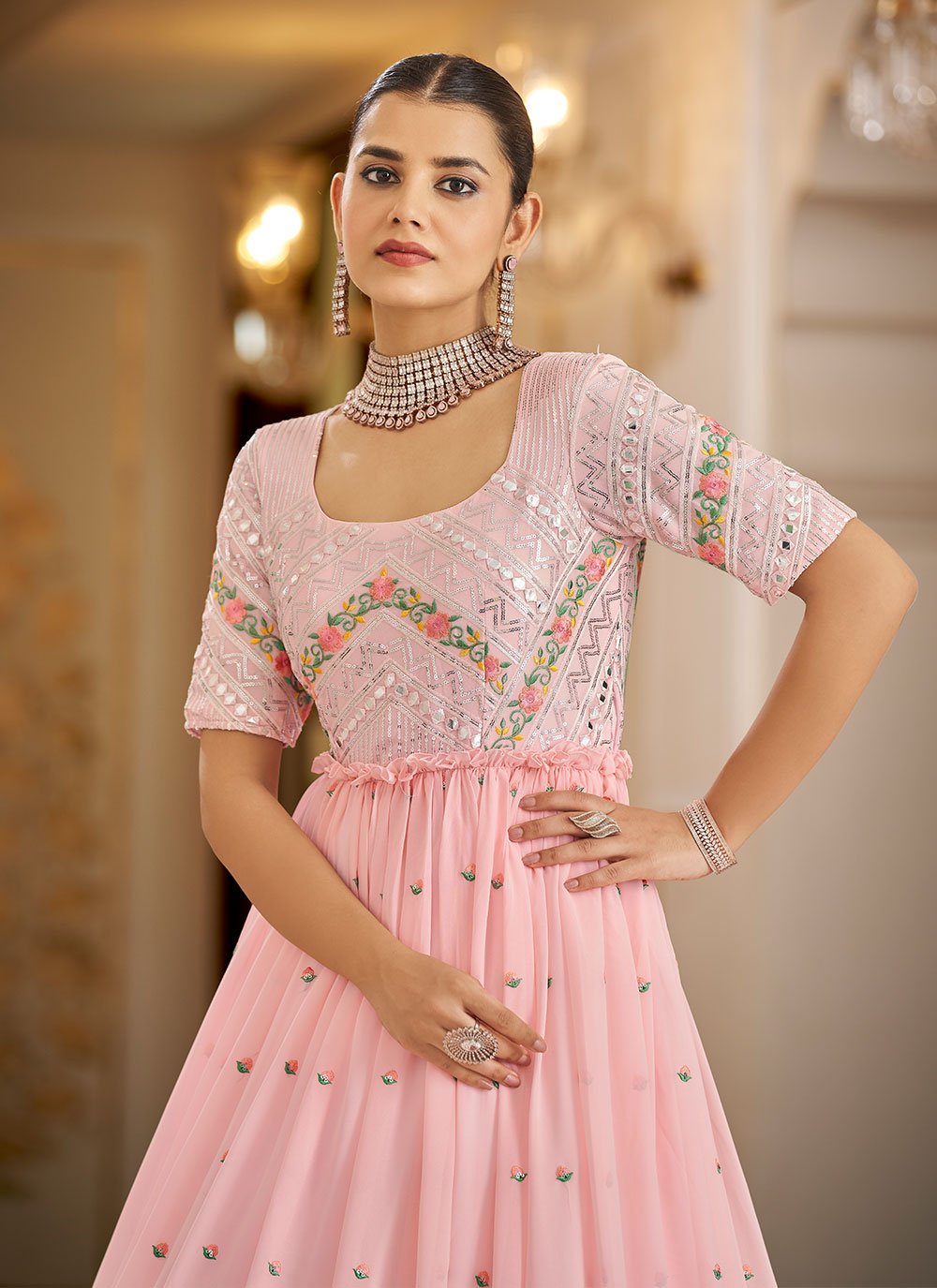 Gown Georgette Pink Embroidered Gown