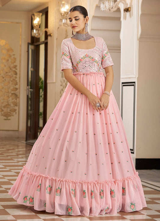 Gown Georgette Pink Embroidered Gown