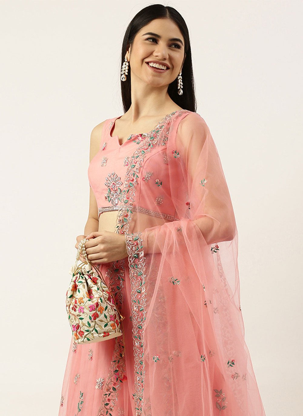 Lehenga Choli Net Pink Embroidered Lehenga Choli