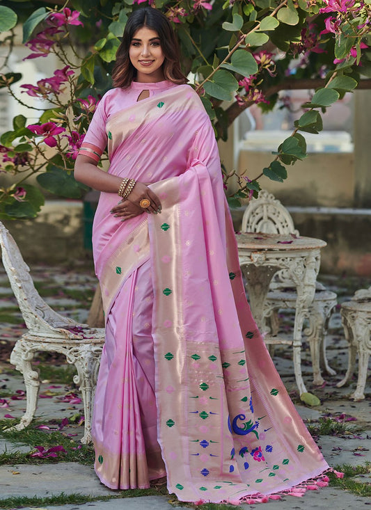 Classic Banarasi Silk Pink Woven Saree