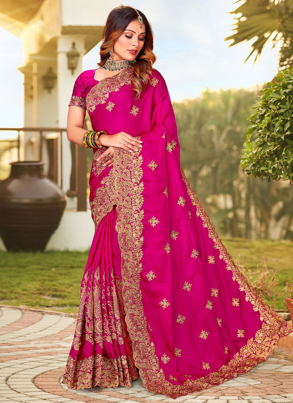 Classic Satin Pink Embroidered Saree