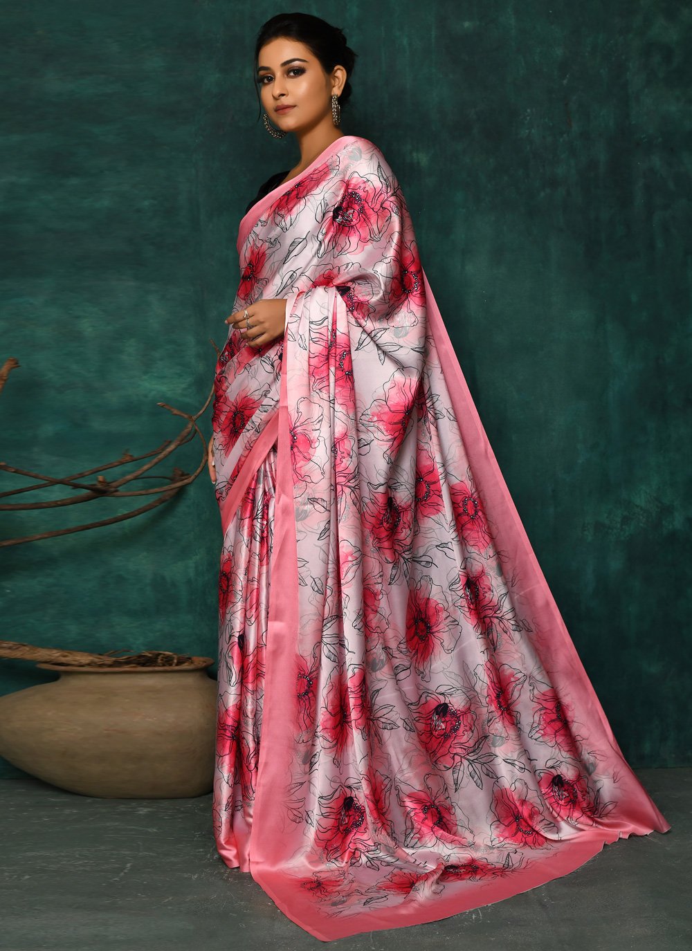 Designer Satin Pink Digital Print Saree