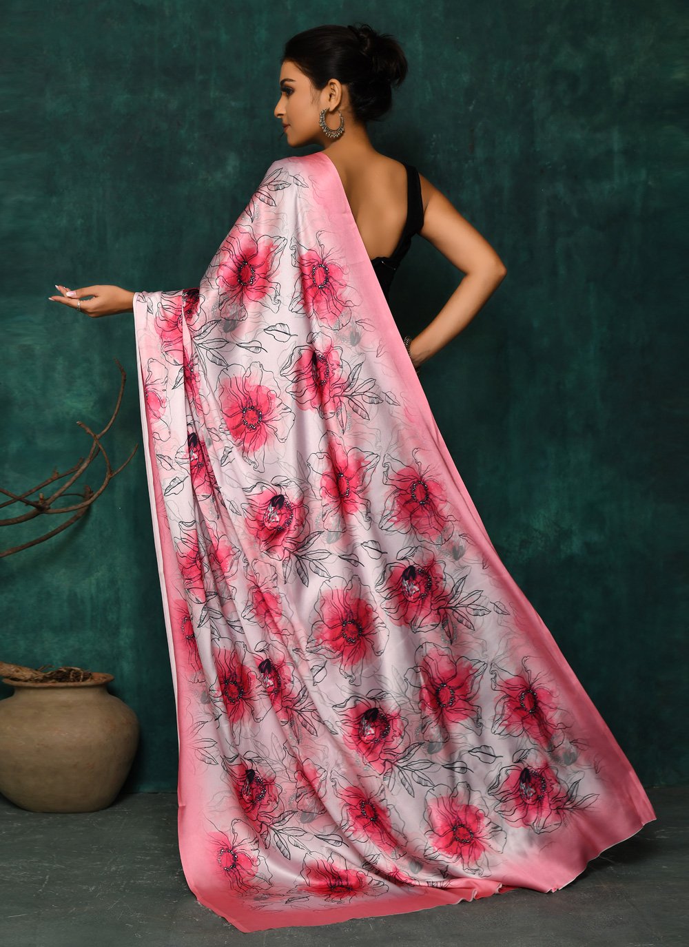 Designer Satin Pink Digital Print Saree