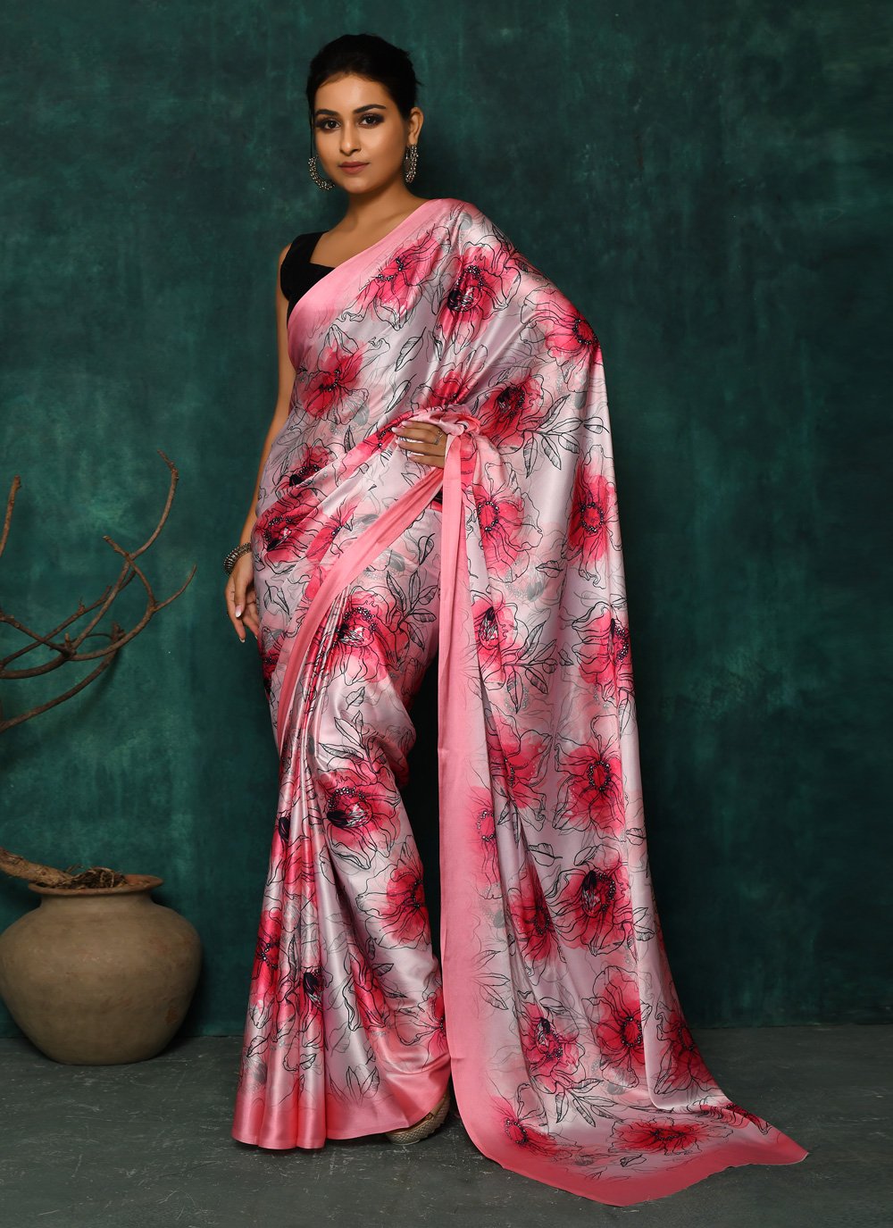 Designer Satin Pink Digital Print Saree