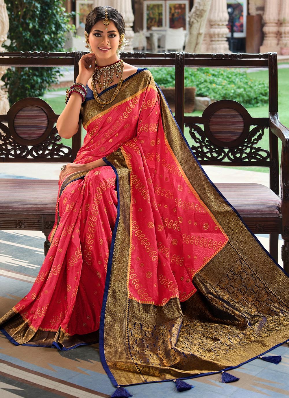 Contemporary Satin Silk Pink Patch Border Saree