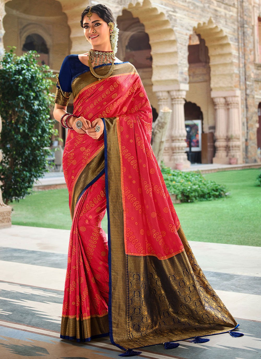 Contemporary Satin Silk Pink Patch Border Saree