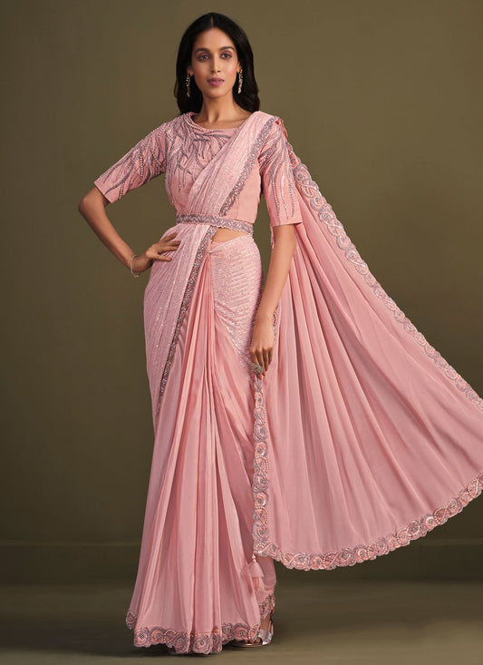 Contemporary Crepe Silk Georgette Pink Embroidered Saree