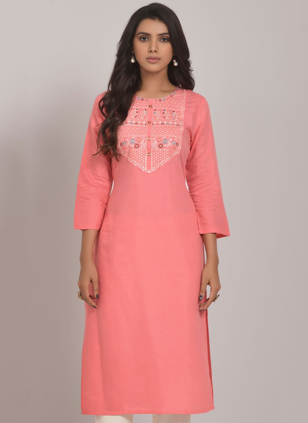 Party Wear Kurti Cotton Muslin Pink Embroidered Kurtis