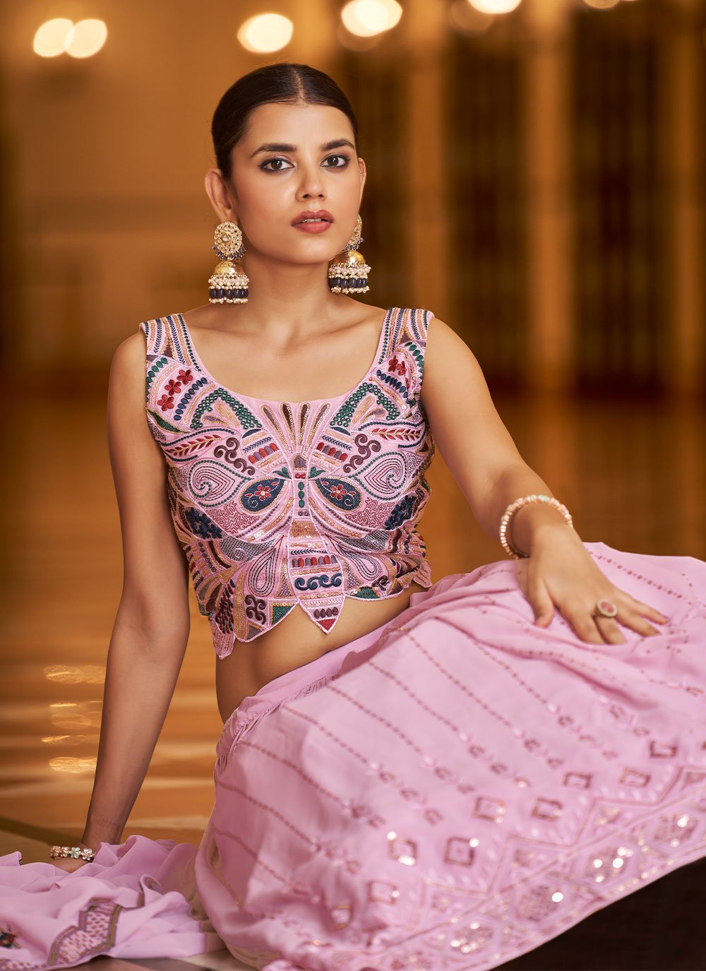 A Line Lehenga Georgette Pink Embroidered Lehenga Choli