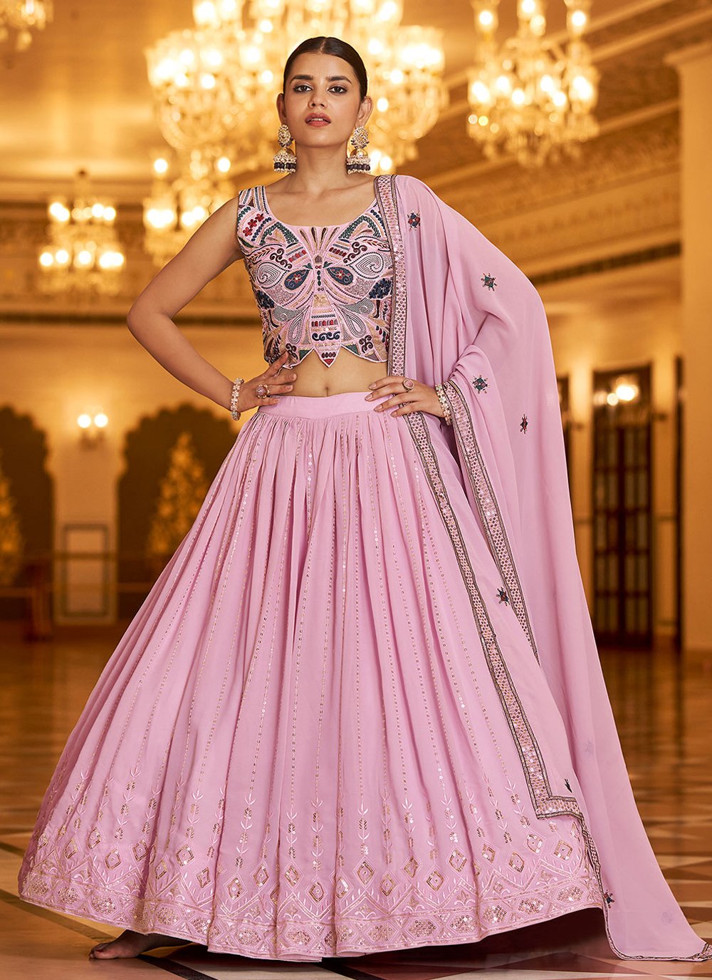 A Line Lehenga Georgette Pink Embroidered Lehenga Choli