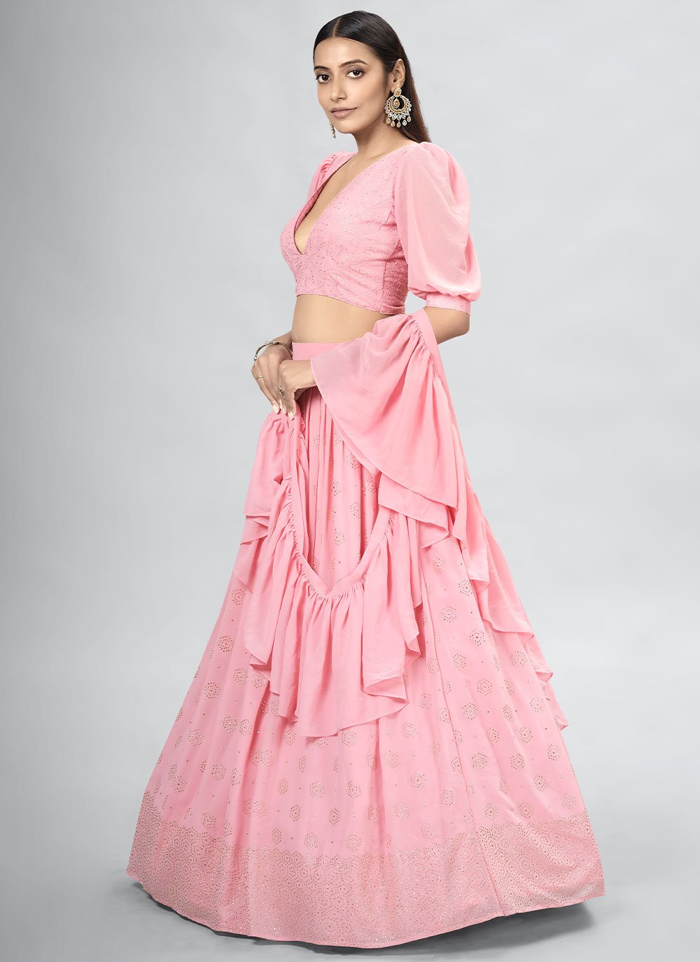 A Line Lehenga Georgette Pink Mukesh Work Lehenga Choli