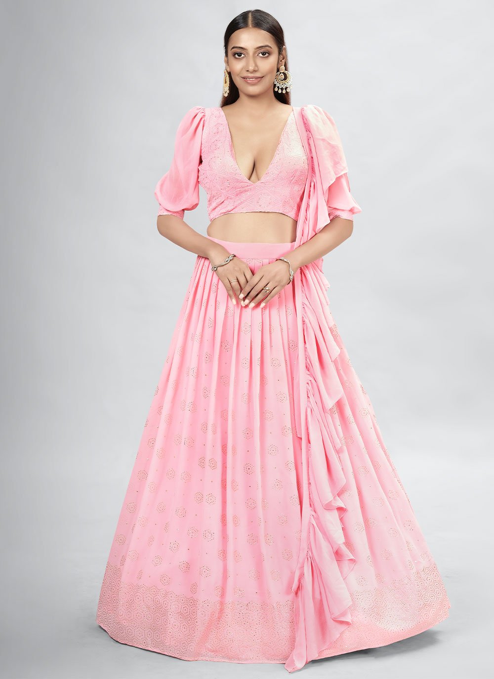 A Line Lehenga Georgette Pink Mukesh Work Lehenga Choli