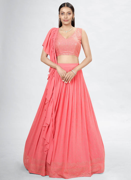 A Line Lehenga Georgette Pink Mukesh Work Lehenga Choli