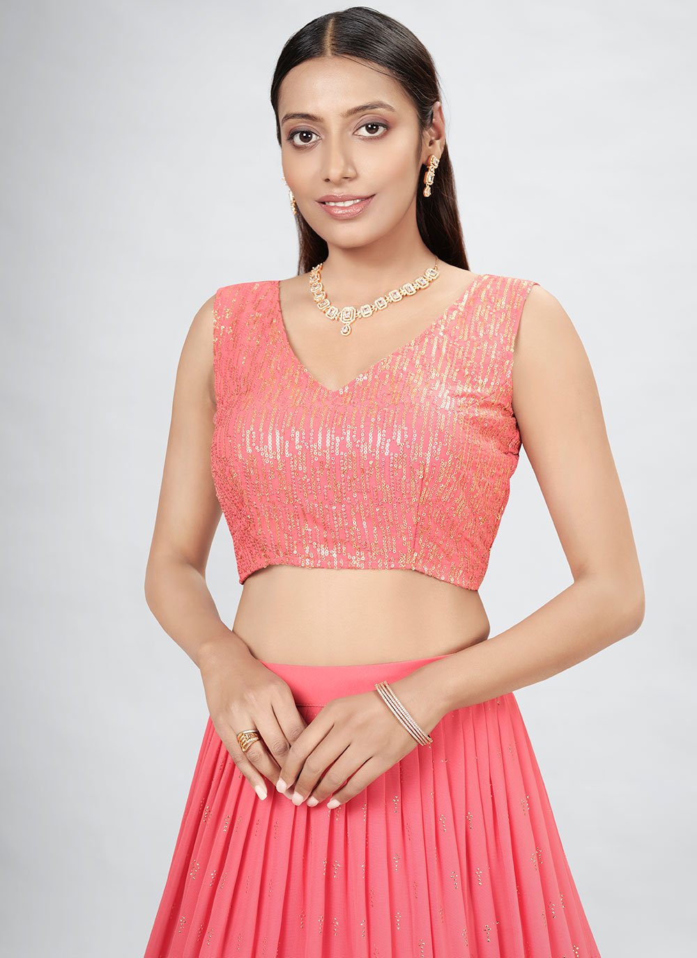 A Line Lehenga Georgette Pink Mukesh Work Lehenga Choli