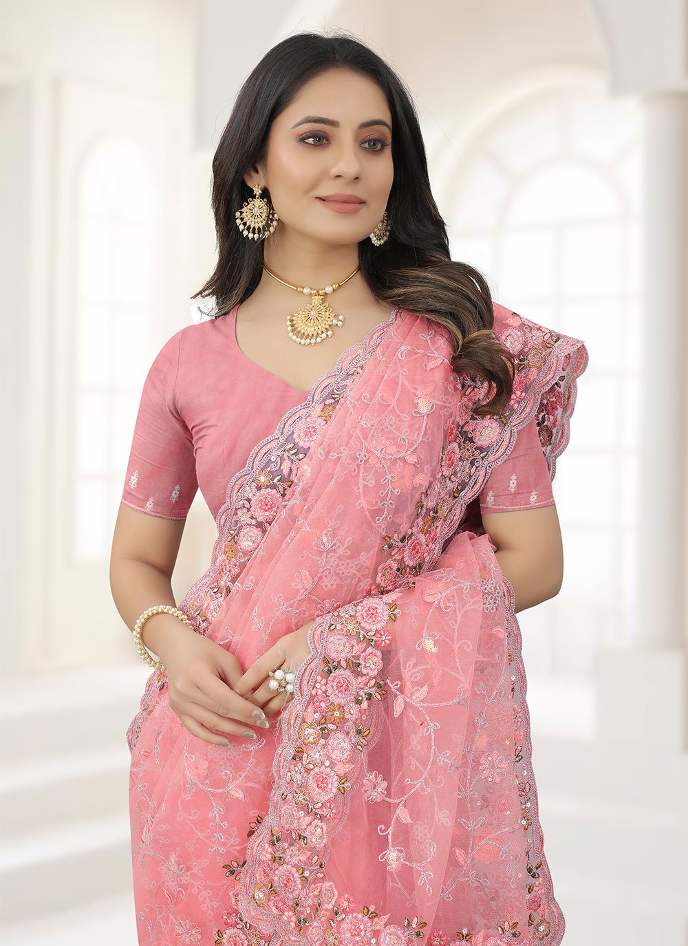 Trendy Saree Net Pink Embroidered Saree