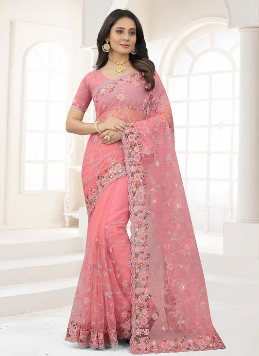 Trendy Saree Net Pink Embroidered Saree