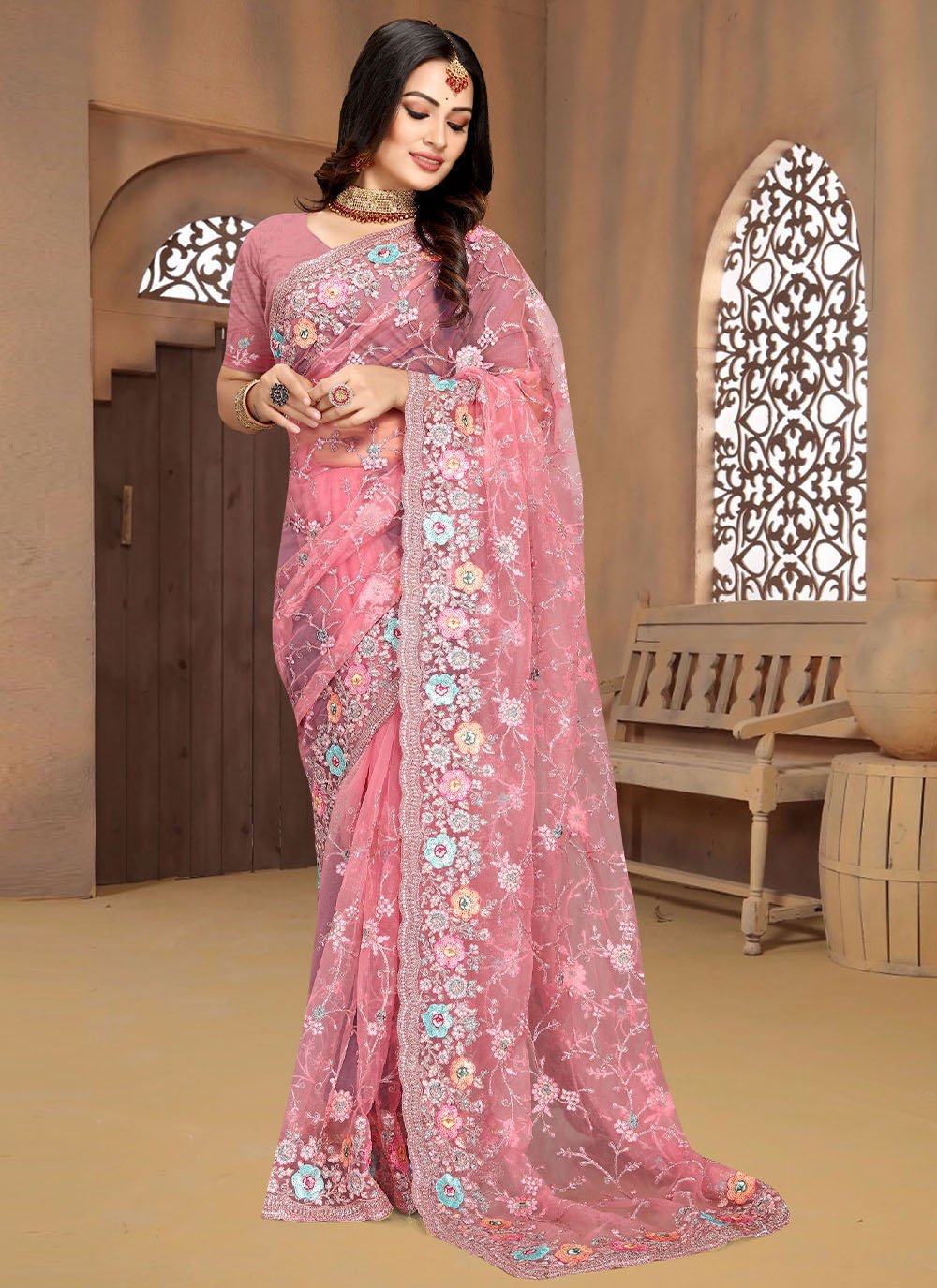 Trendy Saree Net Pink Cord Work Saree