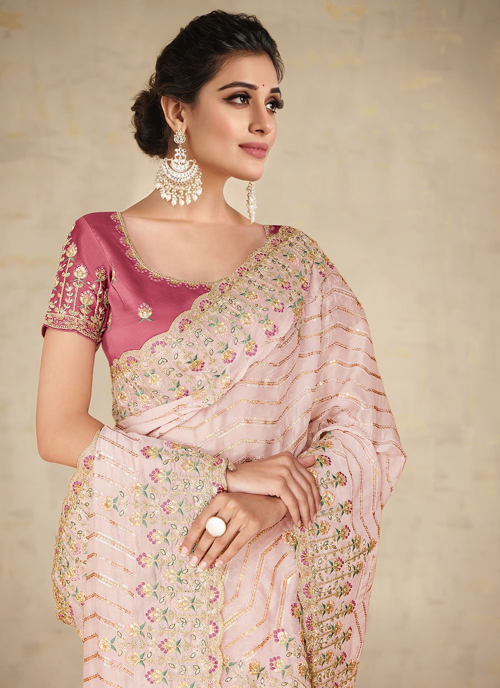 Designer Organza Pink Embroidered Saree