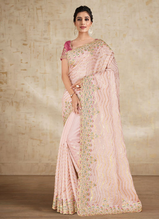 Designer Organza Pink Embroidered Saree