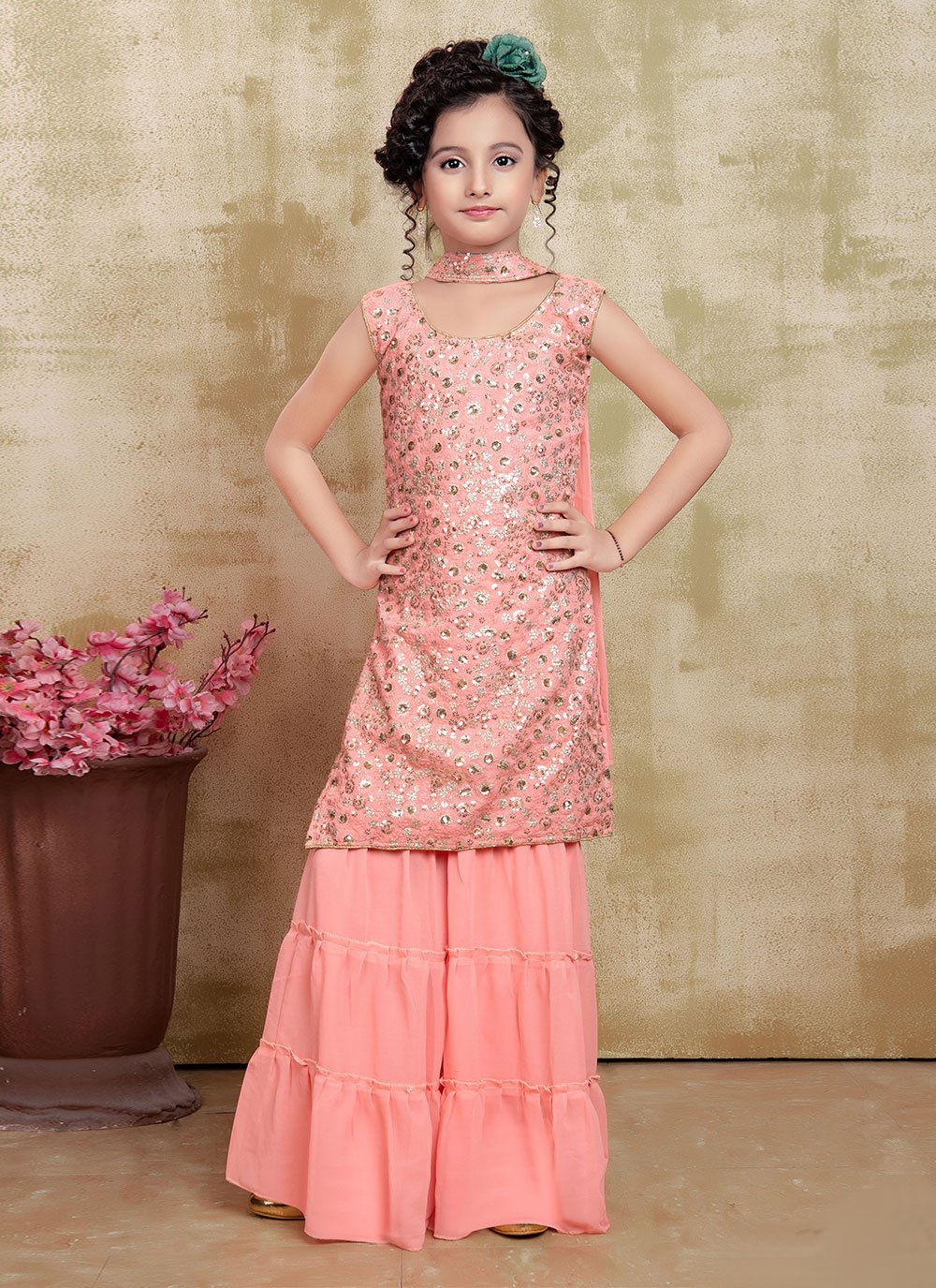 Salwar Suit Faux Georgette Pink Sequins Kids