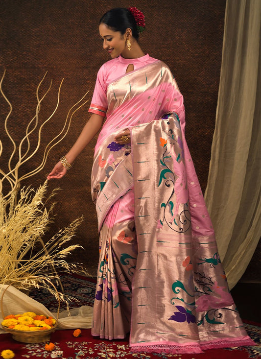 Classic Silk Pink Meenakari Saree