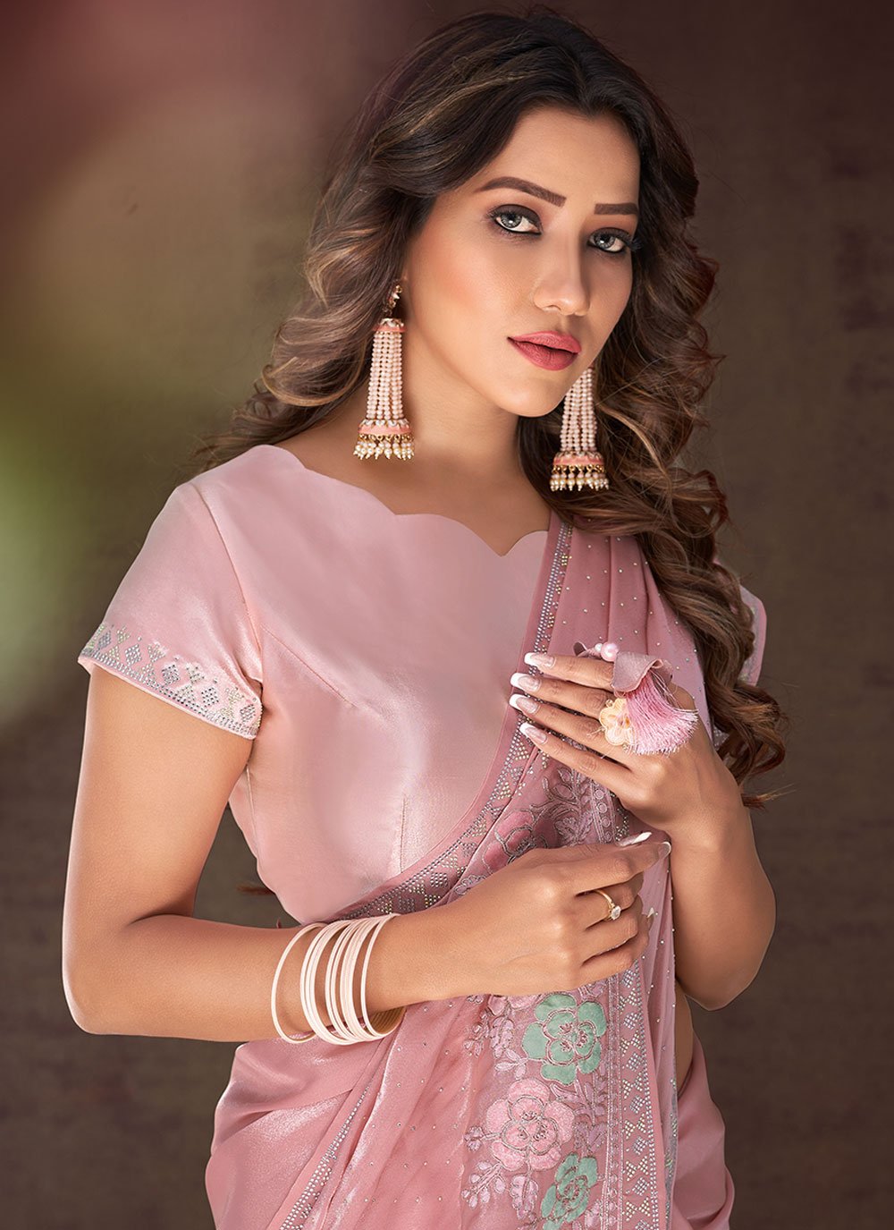 Contemporary Georgette Organza Silk Pink Embroidered Saree