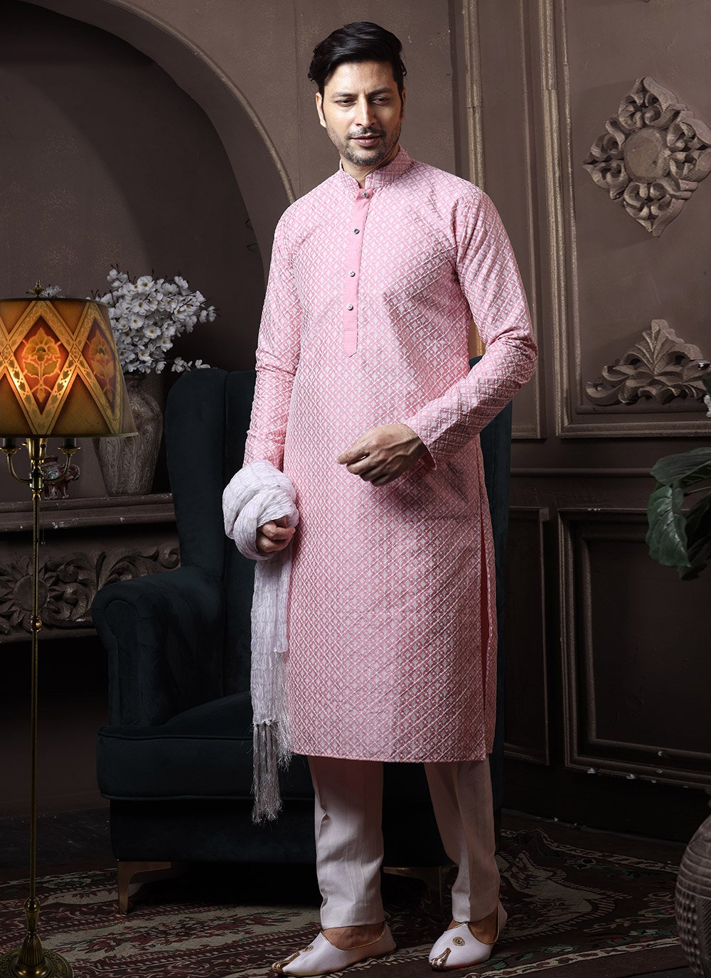 Kurta Pyjama Lucknowi Silk Pink Embroidered Mens