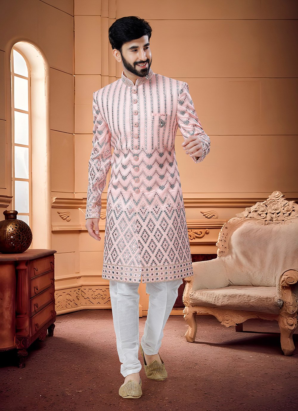 Indo Western Sherwani Silk Pink Embroidered Mens