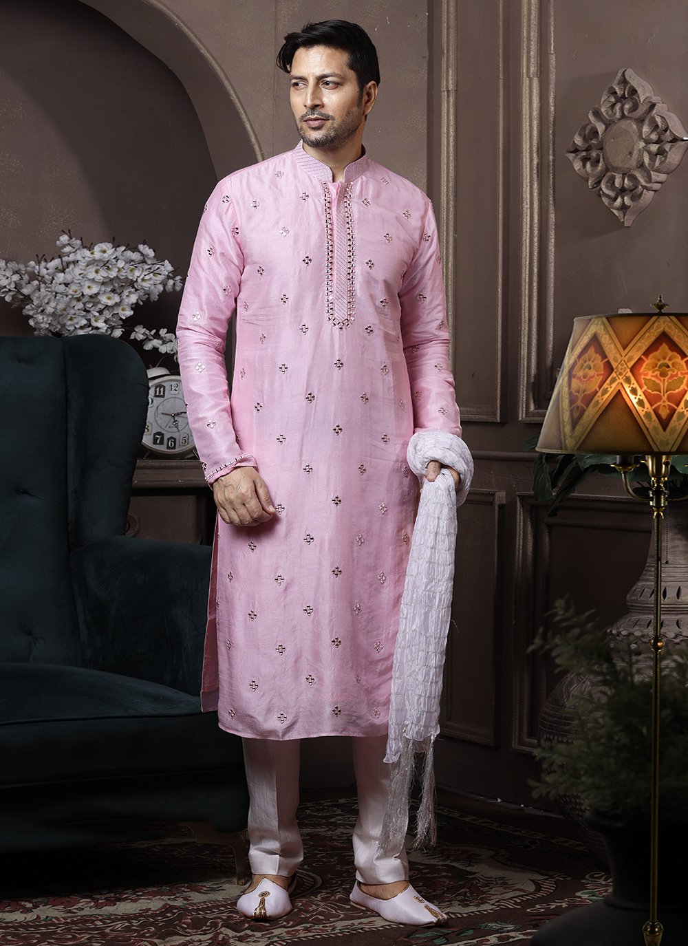 Kurta Pyjama Silk Pink Embroidered Mens