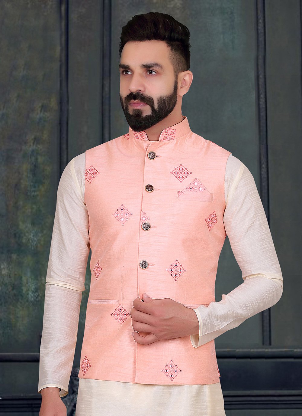 Nehru Jackets Silk Pink Embroidered Mens