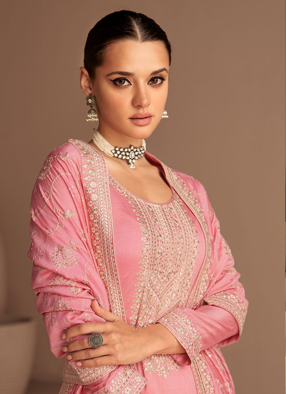 Straight Salwar Suit Silk Pink Embroidered Salwar Kameez