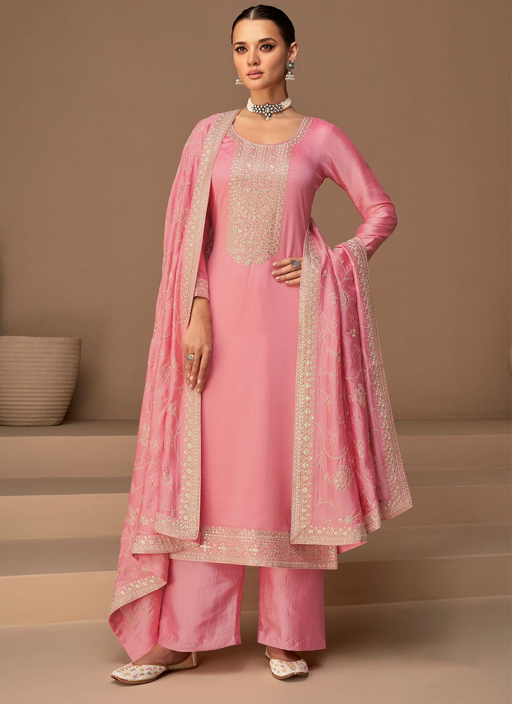 Straight Salwar Suit Silk Pink Embroidered Salwar Kameez