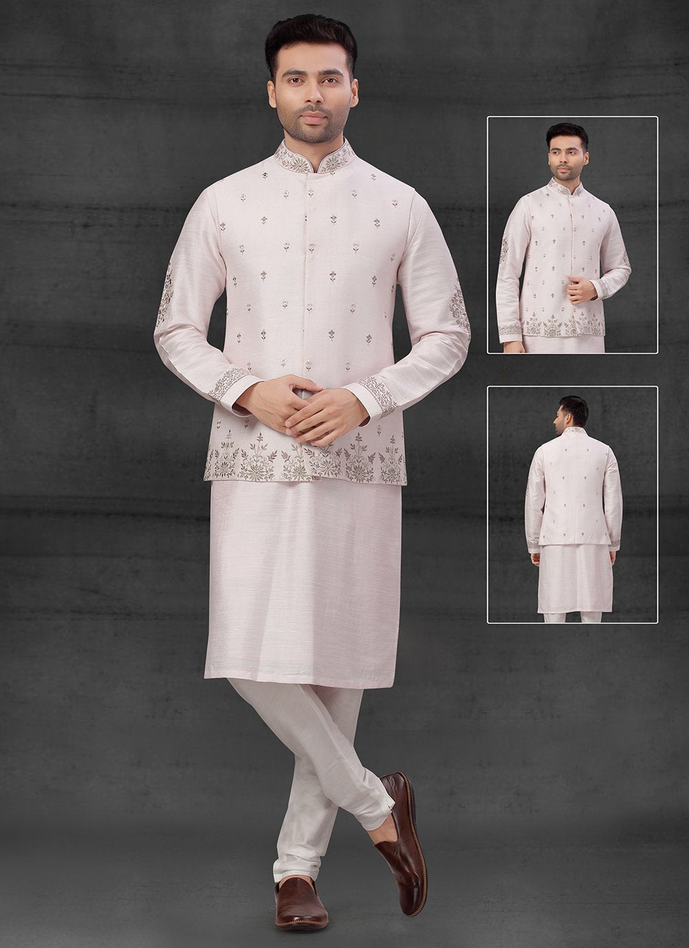 Kurta Payjama With Jacket Silk Pink Thread Mens