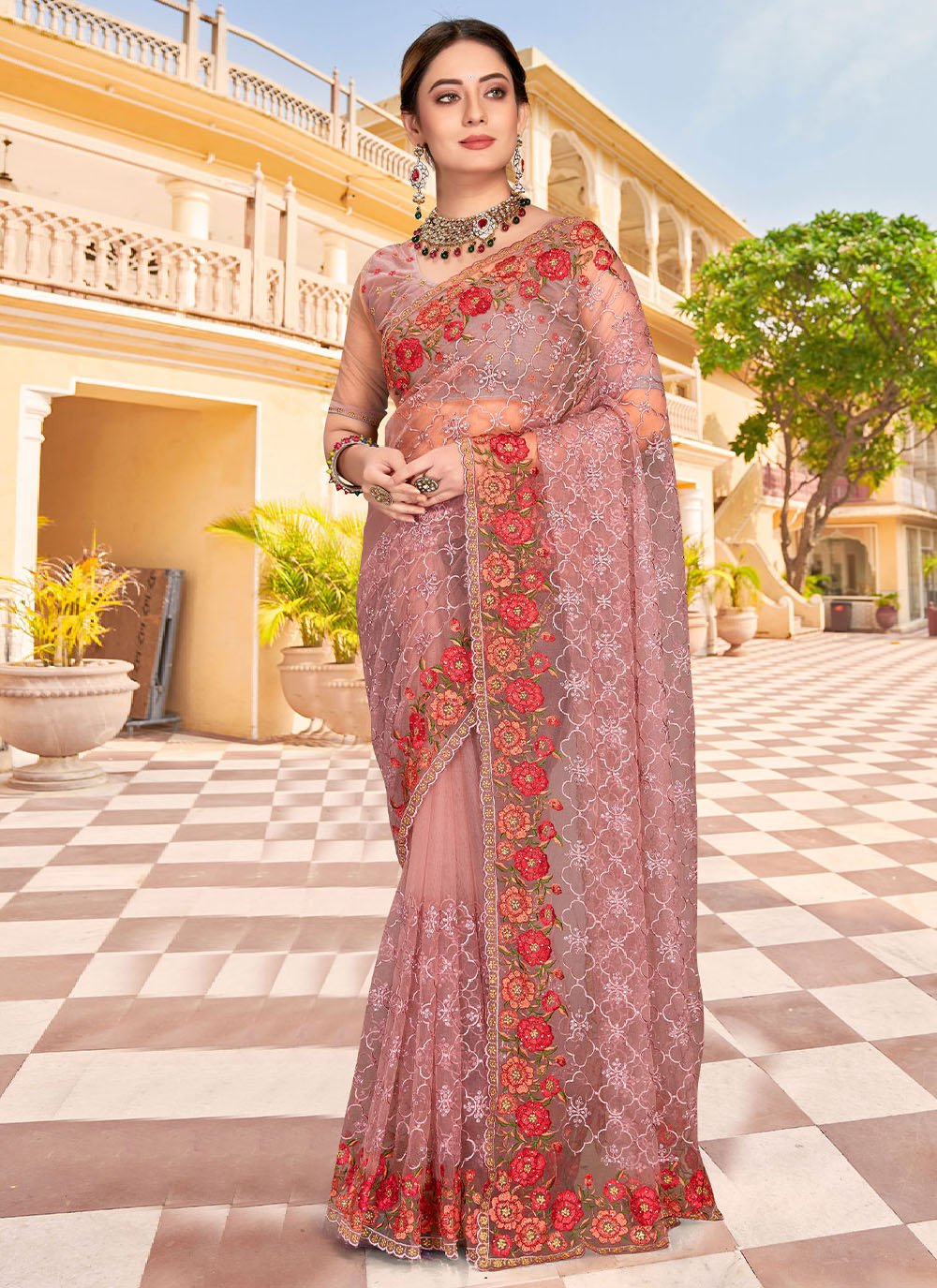 Classic Net Pink Embroidered Saree