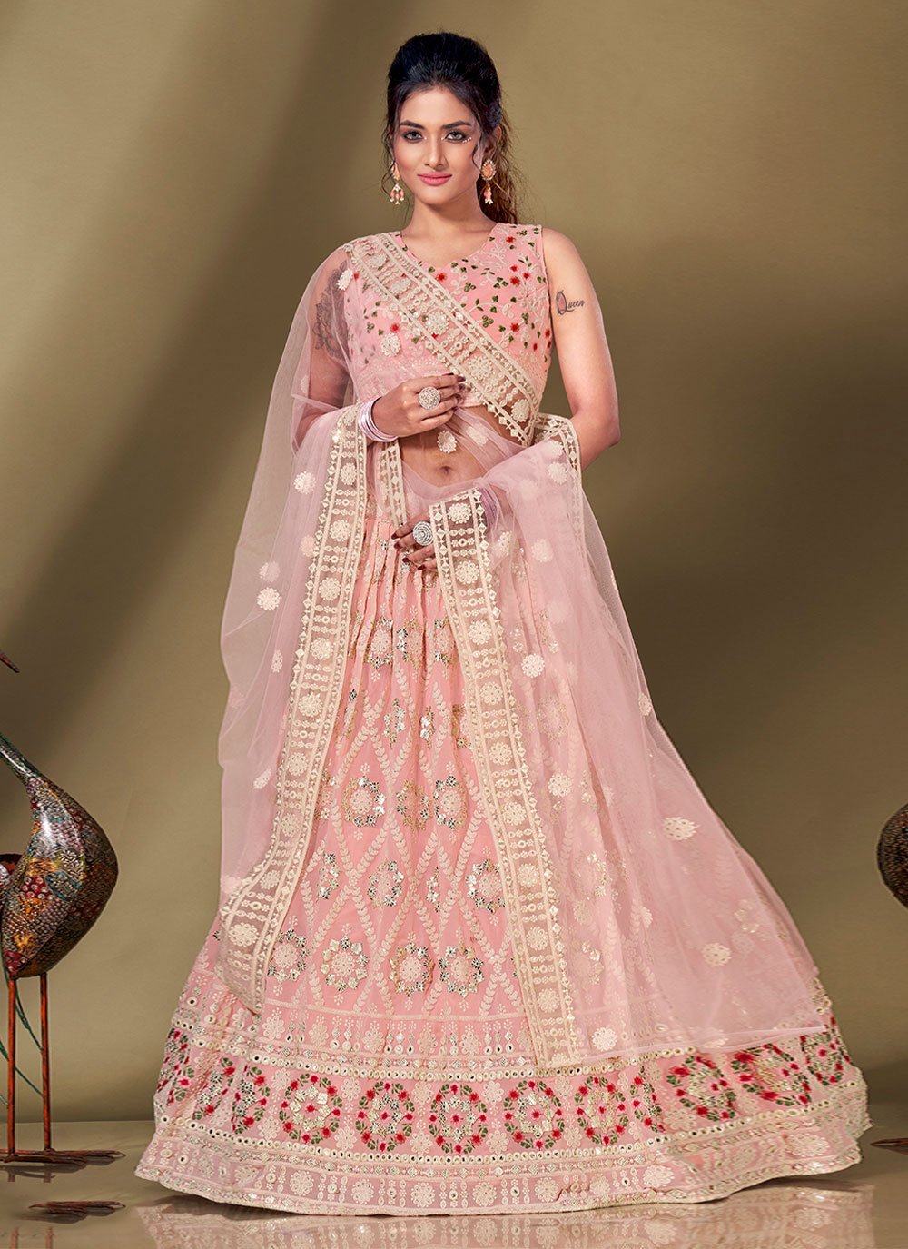 Lehenga Choli Viscose Pink Lucknowi Work Lehenga Choli