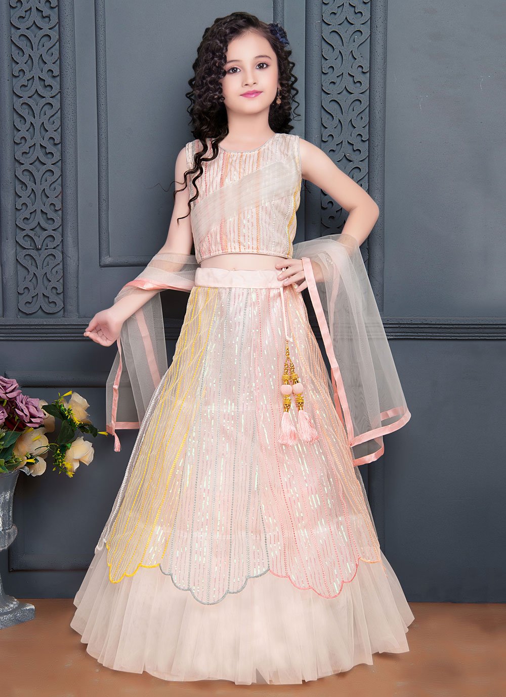 Lehenga Choli Net Pink Embroidered Kids